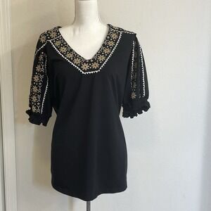 Chico's Tunic tops Womens Size 4(XXL)Black Embroidered V Neck short sleeve Comfy